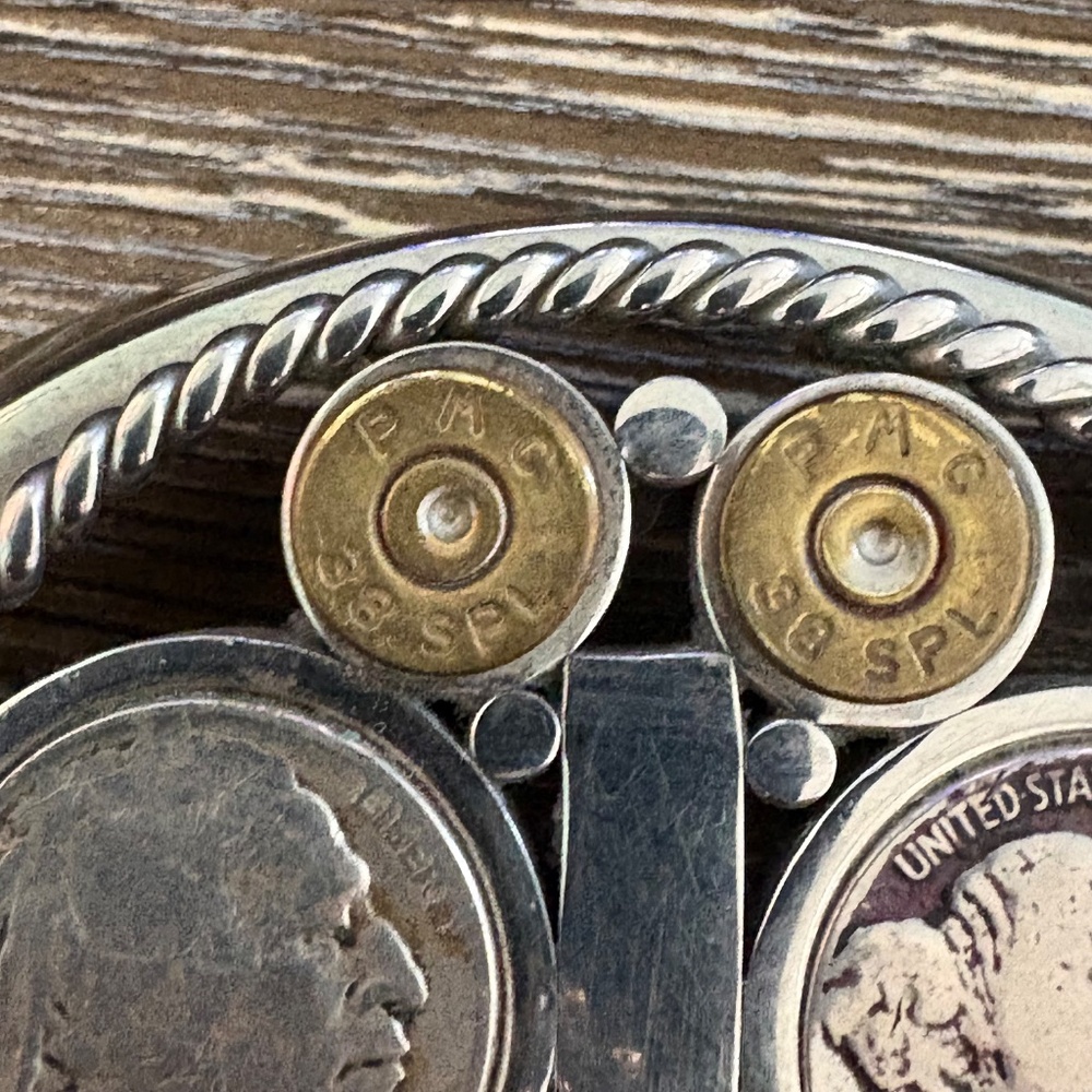 Vintage custom belt buckle featuring Buffalo nickels and brass bullet casings - Picture 11 of 16